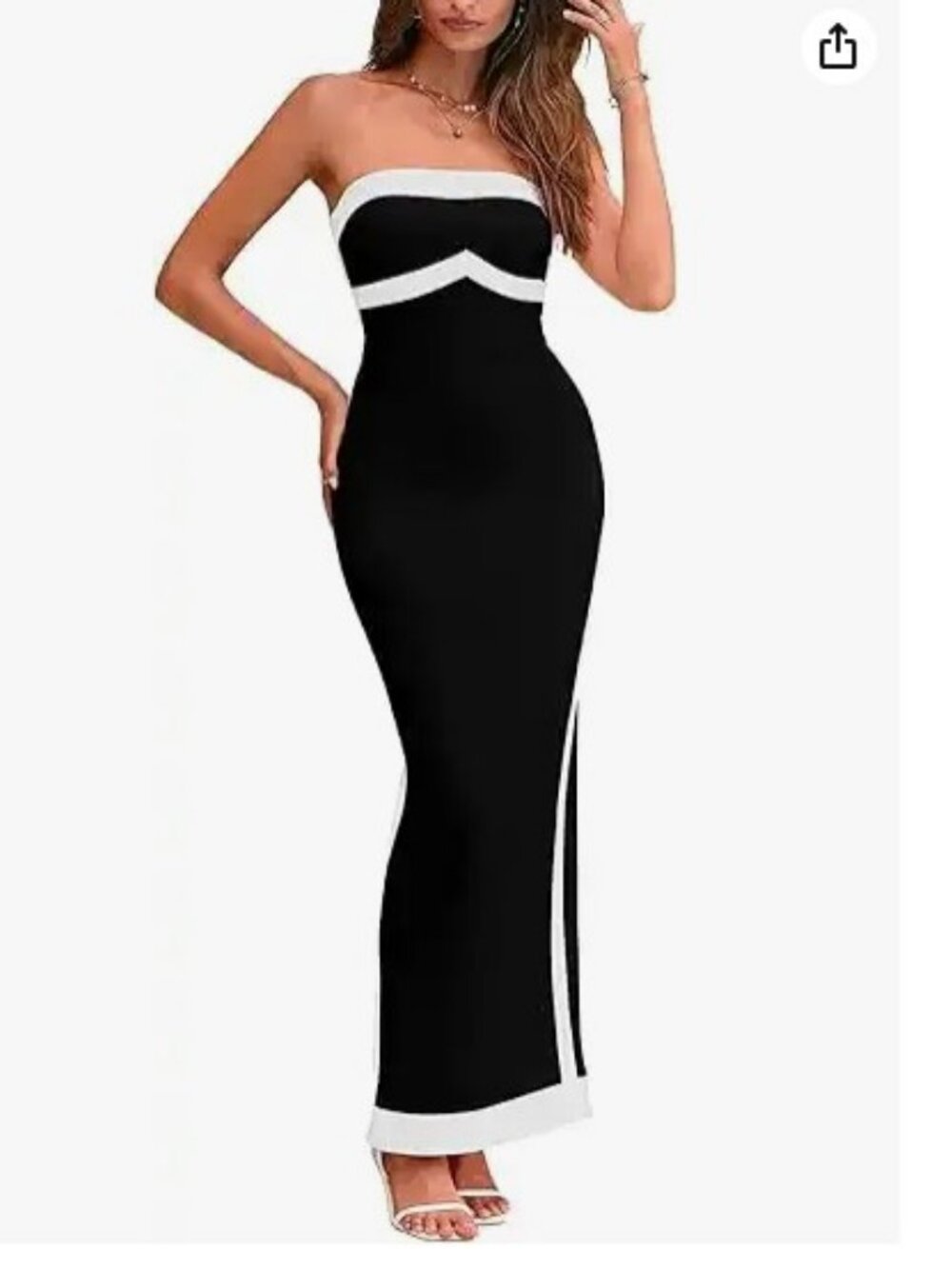 Black strapless maxi dress with white trim and slit in the back